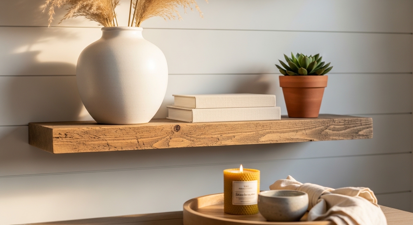 Farmhouse shelf vignette with pampas grass, ceramics, and stacked books