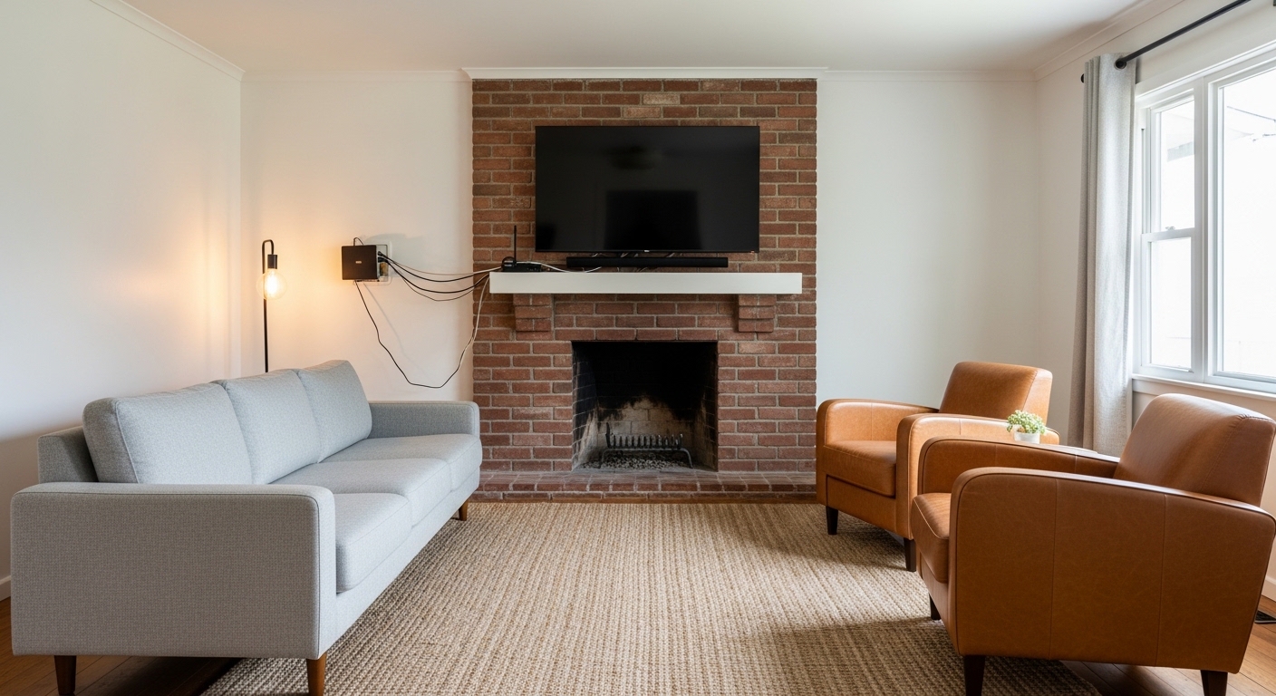 Living room with brick fireplace, mounted TV, sofa, and angled armchairs.