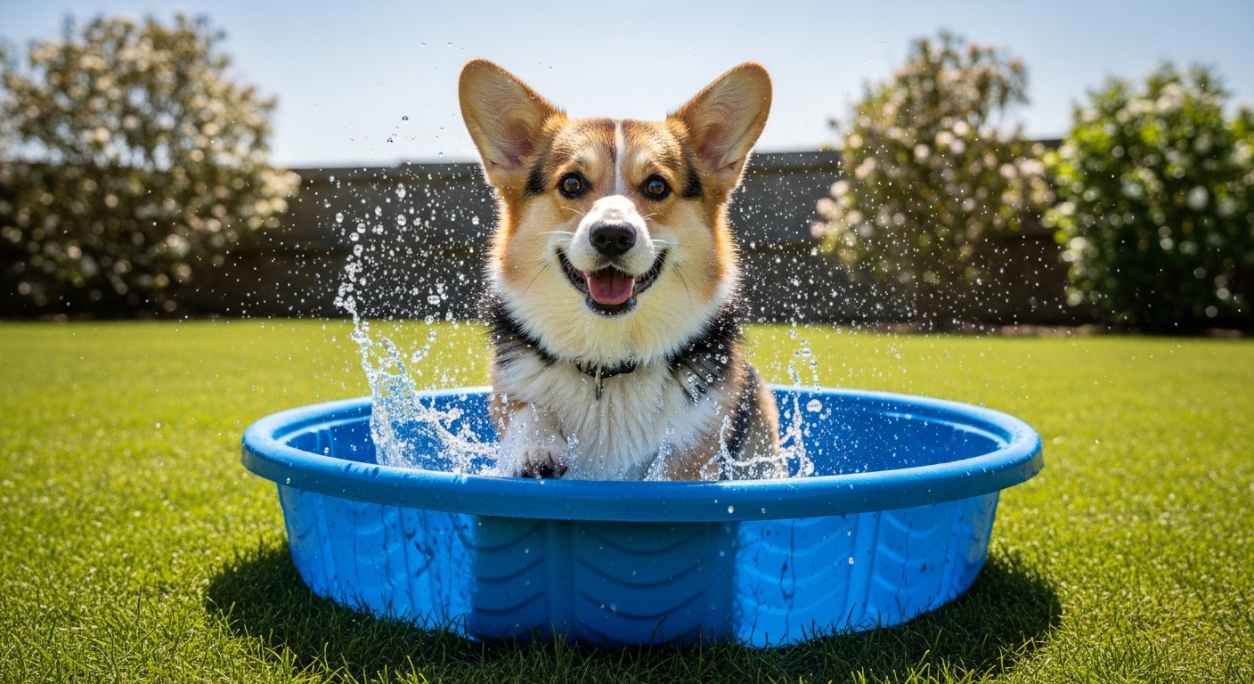 Corgi splashing joyfully in backyard paddling pool in summer