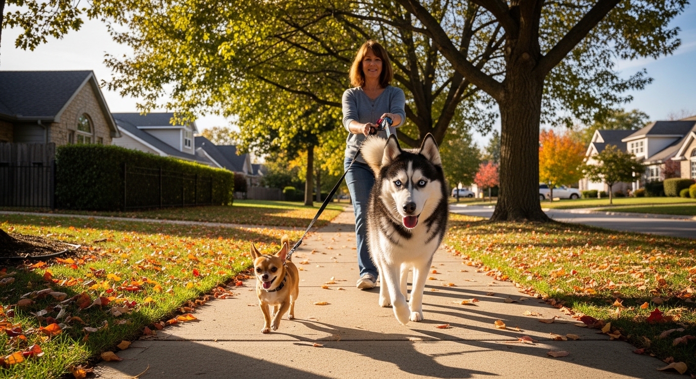 Chihuahua and Husky walking together on a leafy sidewalk