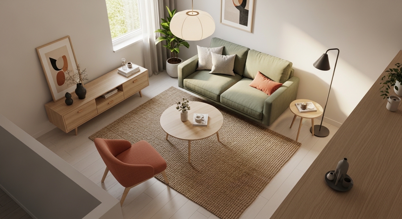 Small living room with floating sofa and round coffee table layout
