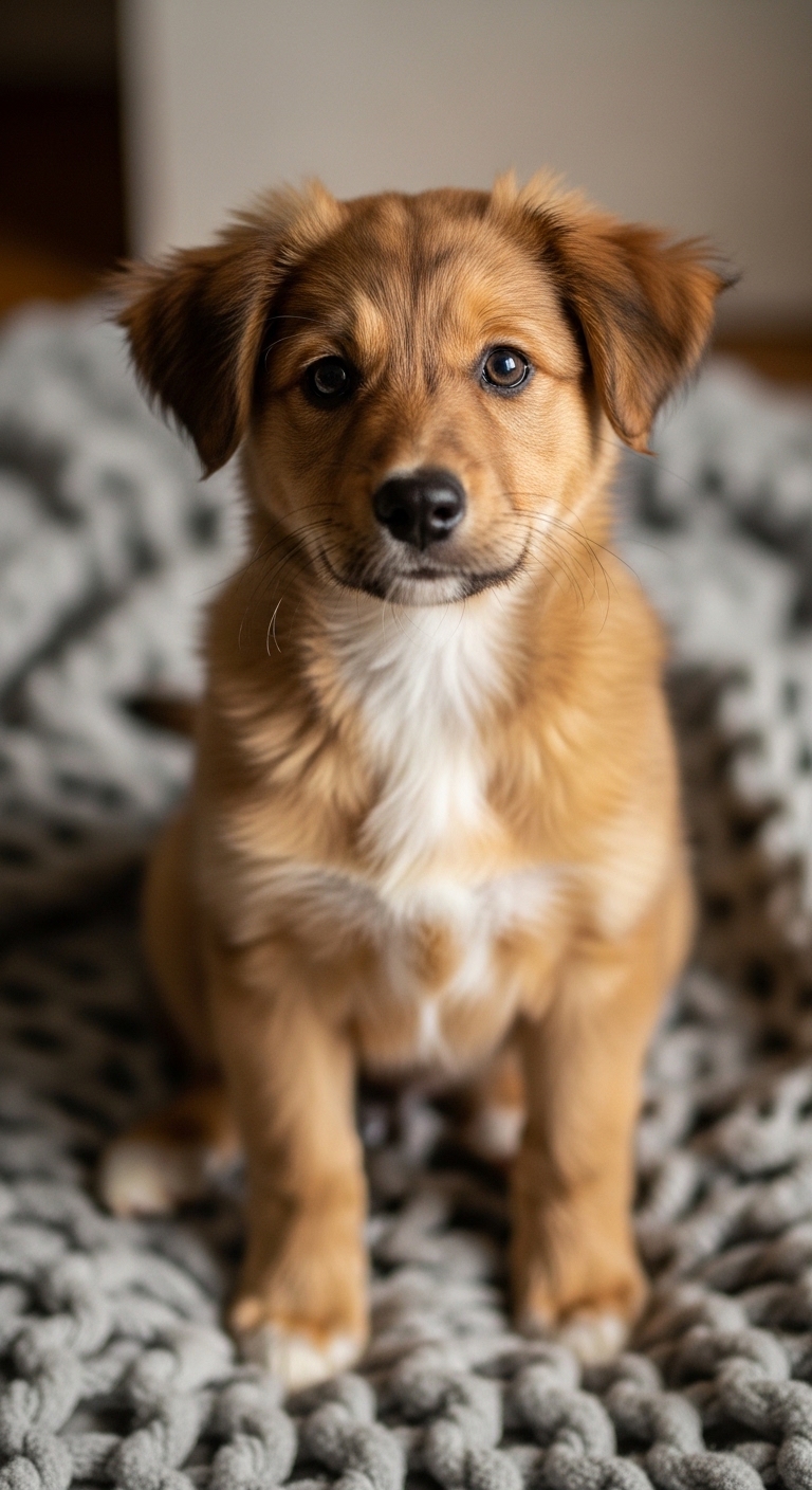 fluffy puppy sitting on knit blanket with tilted head