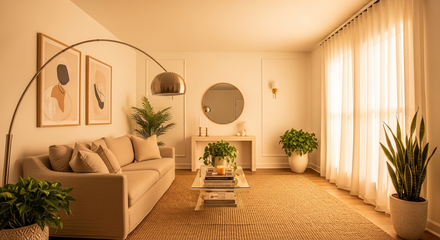 Fully styled bright windowless living room with layered lighting and warm decor