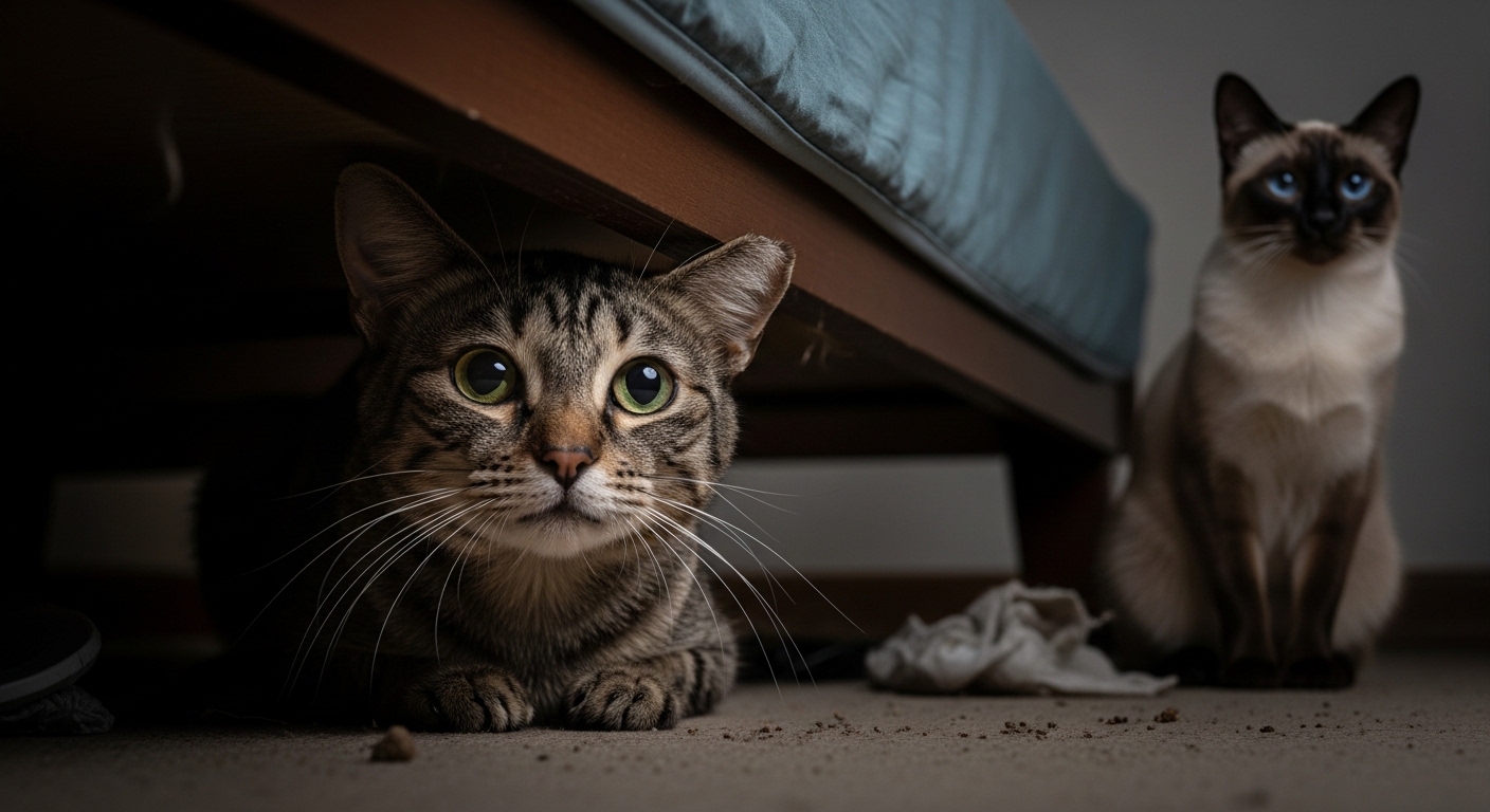 stressed cat with dull coat hiding under bed indoors