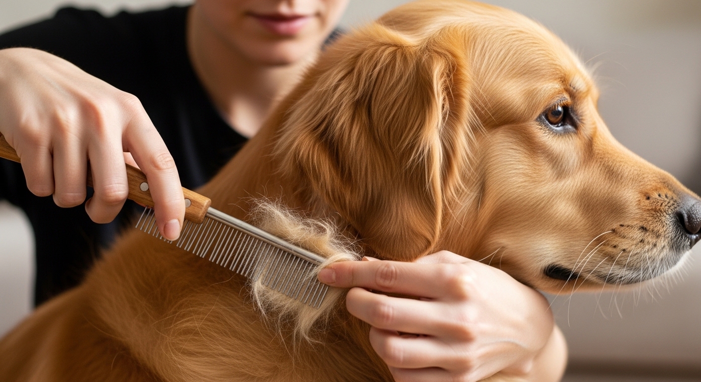 owner carefully detangling golden retriever fur with dematting comb