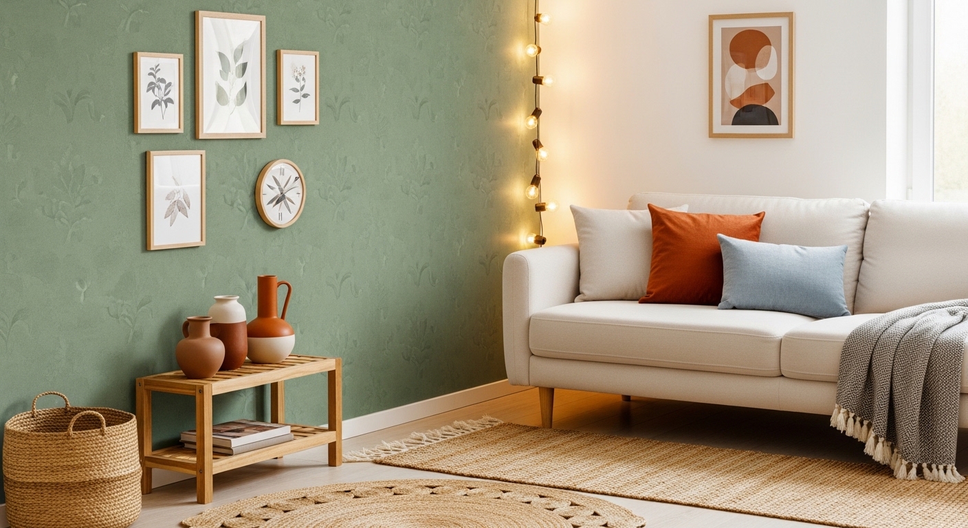 Budget-friendly living room with removable wallpaper and earthy accents