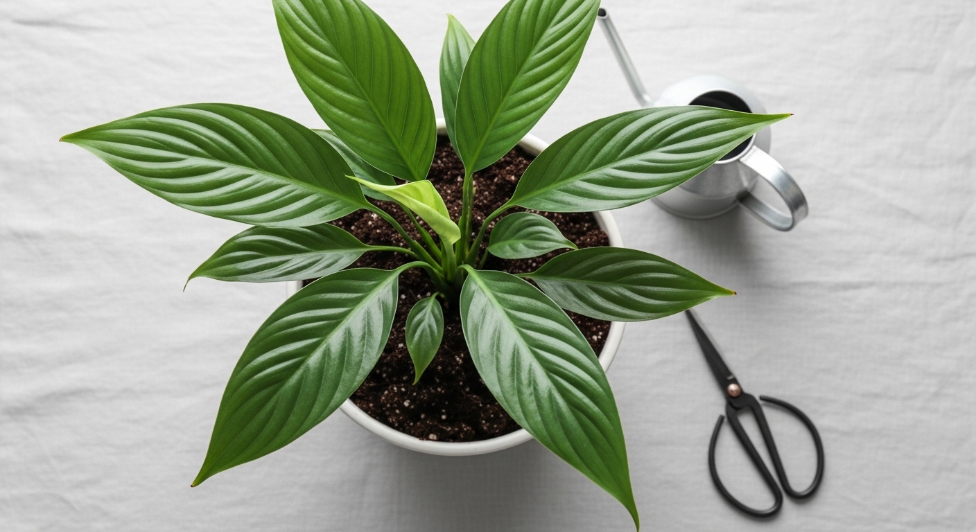 Freshly repotted peace lily in white ceramic pot with watering can nearby.
