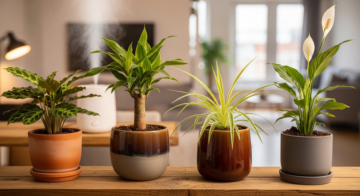 Four houseplants with brown tips from different causes on a shelf