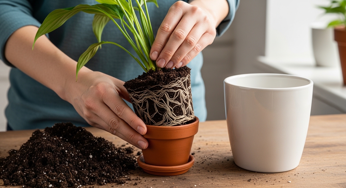 Hands repotting a root-bound peace lily into a larger ceramic pot