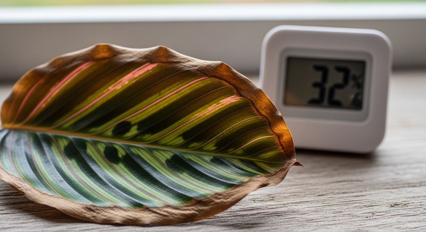 Calathea leaf with crispy brown edges beside a hygrometer reading 32%