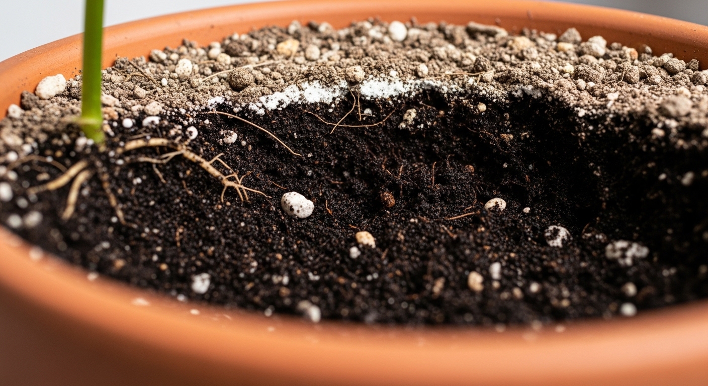 Close-up of potting soil showing nutrient-depleted top layer in terracotta pot