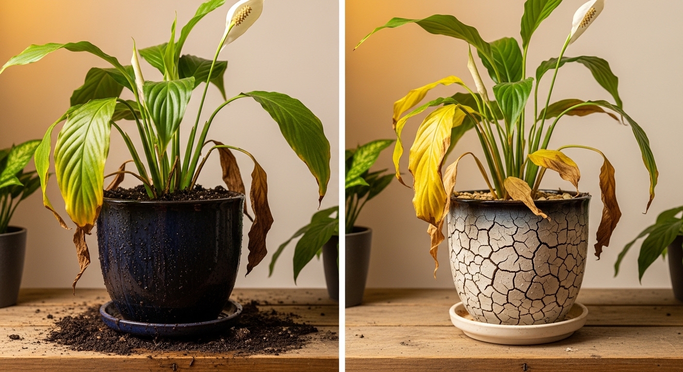 Side-by-side comparison of overwatered and underwatered peace lily.