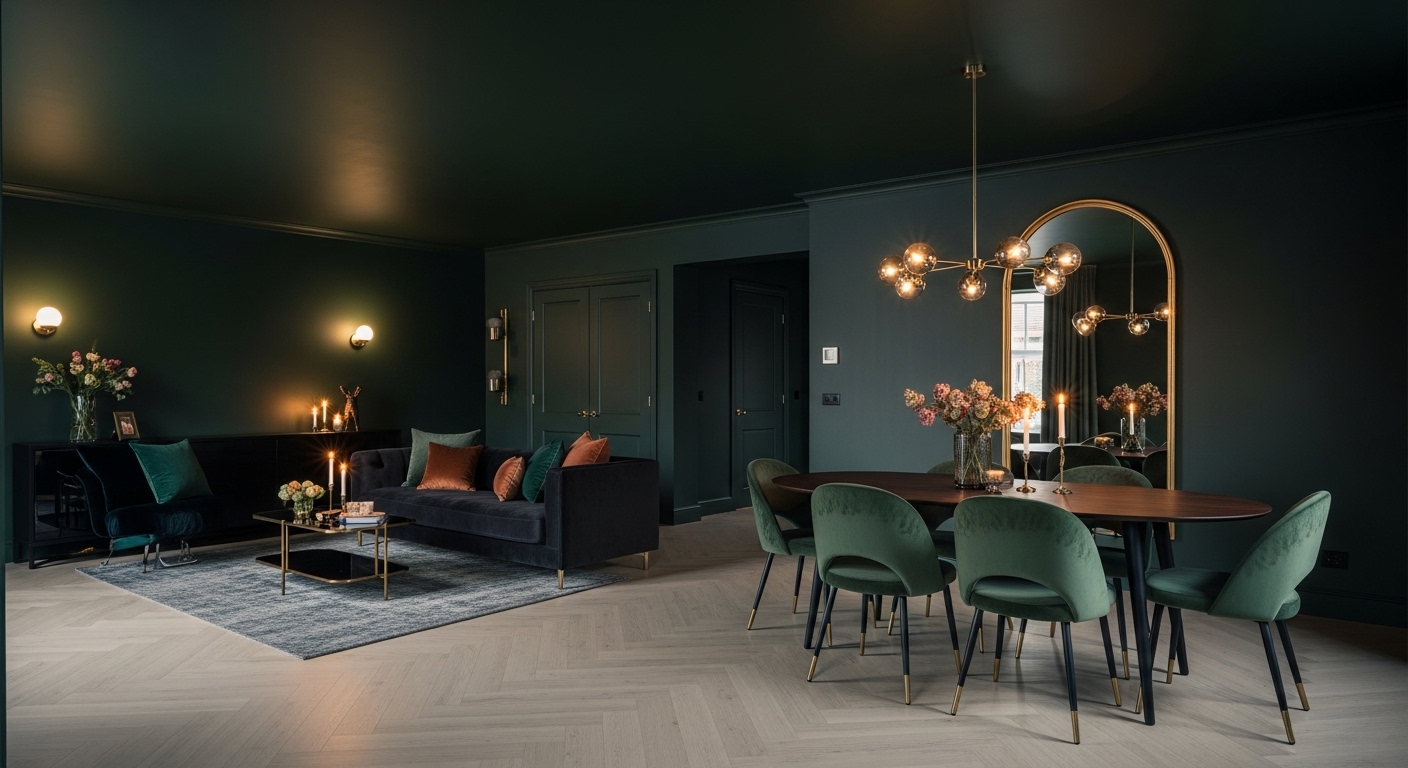 Dark moody open-plan room with forest green walls and brass accents