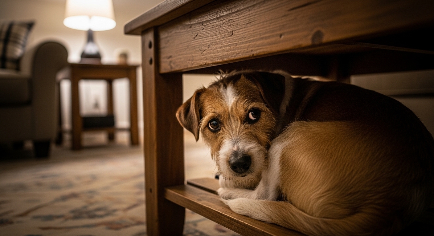 small rescue dog hiding under coffee table in living room