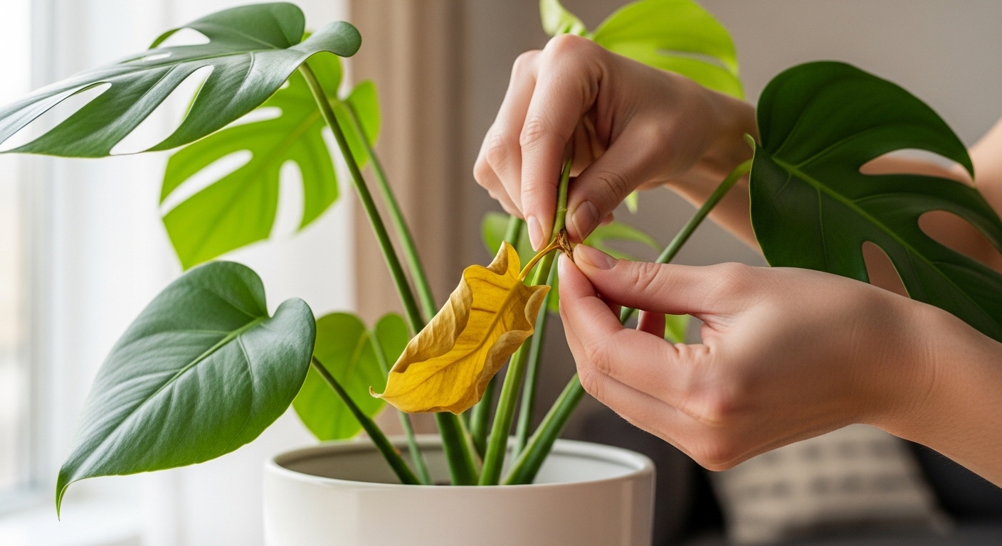 Hands removing a yellow monstera leaf in a bright living room.
