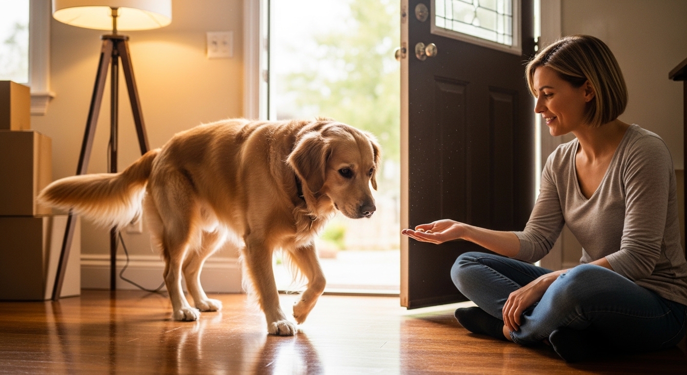 owner calmly reassuring anxious dog near front door in new home