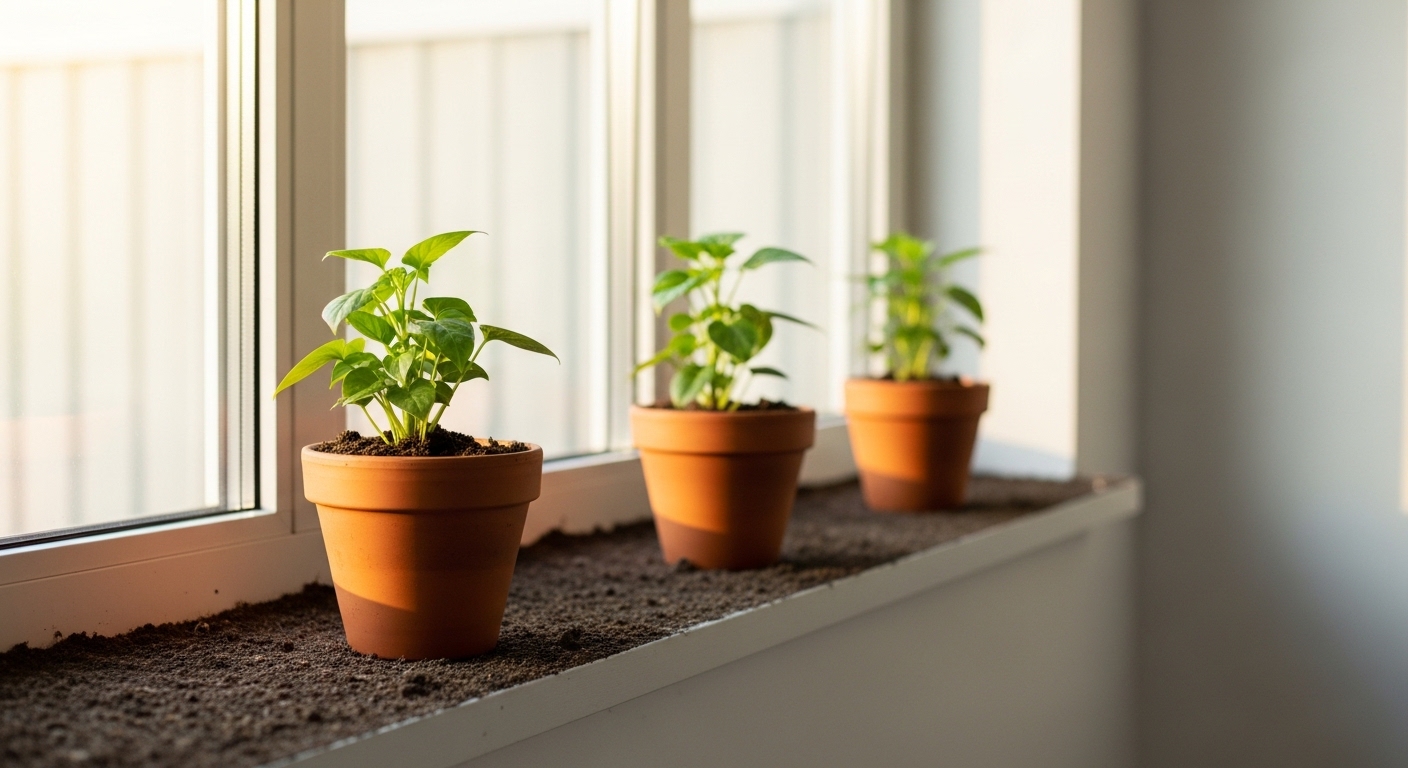 Three potted plants at different distances from a bright window