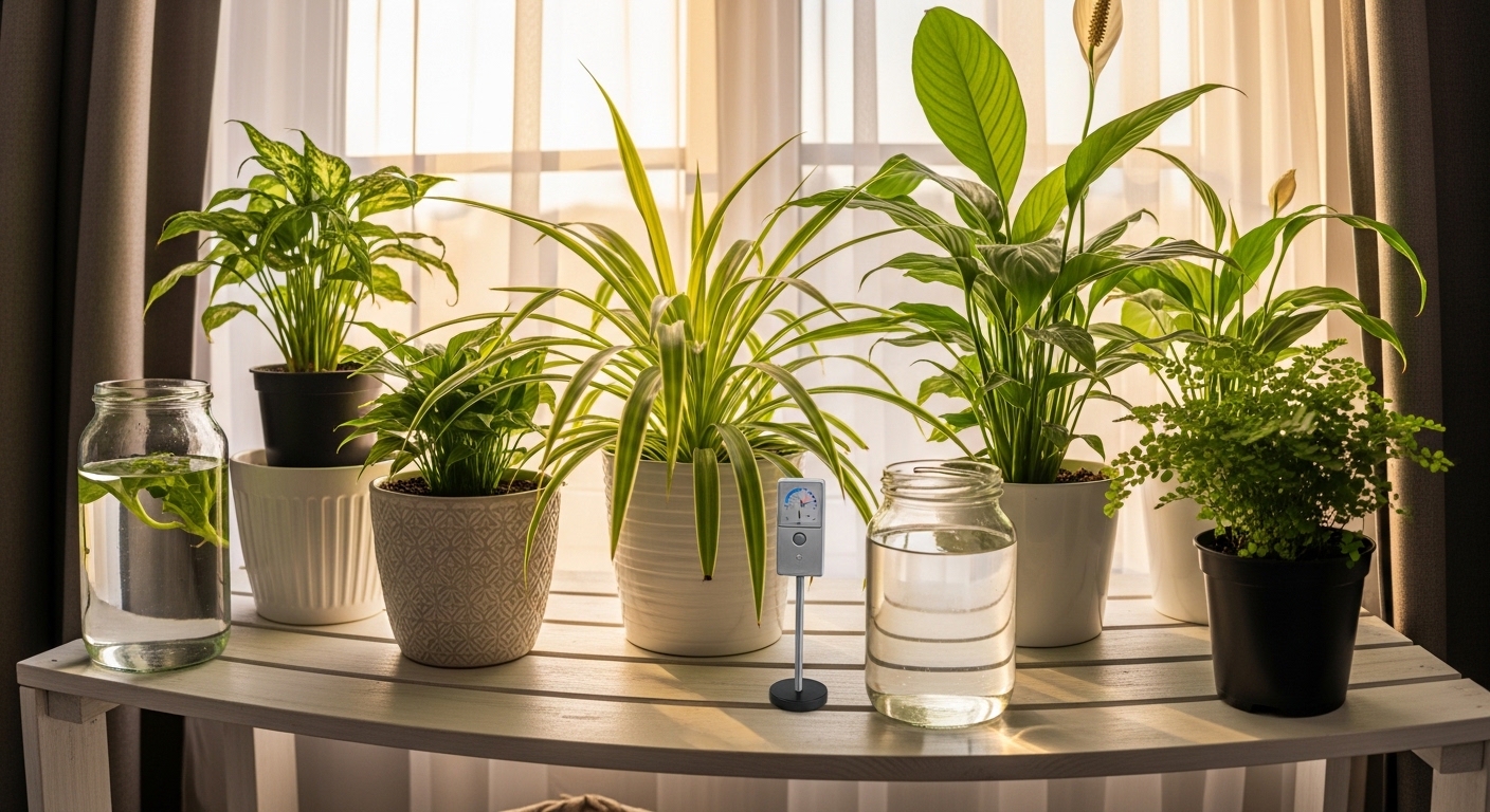 Organized apartment windowsill plant station with healthy green houseplants