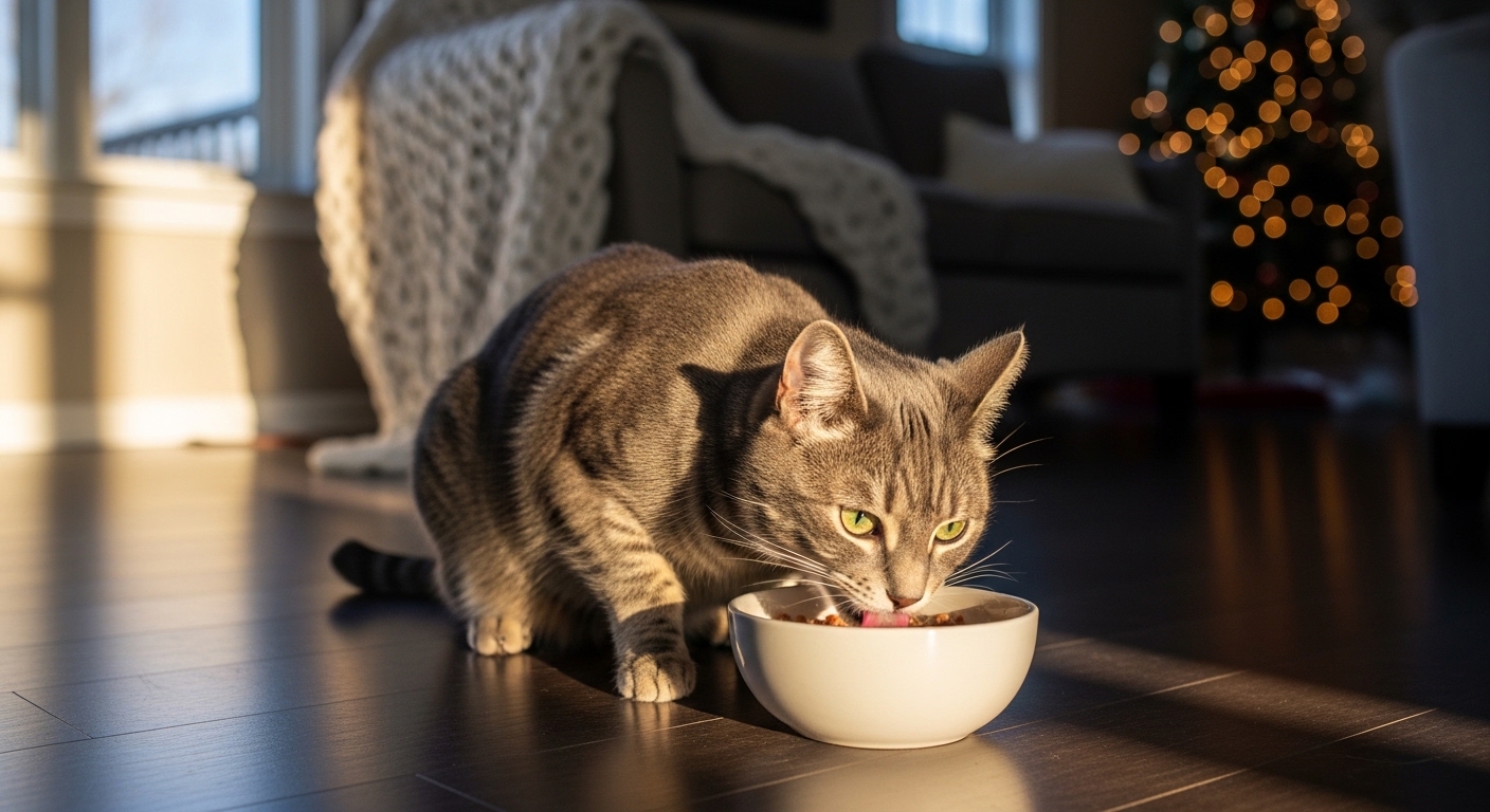 gray cat eating wet food from a white ceramic bowl