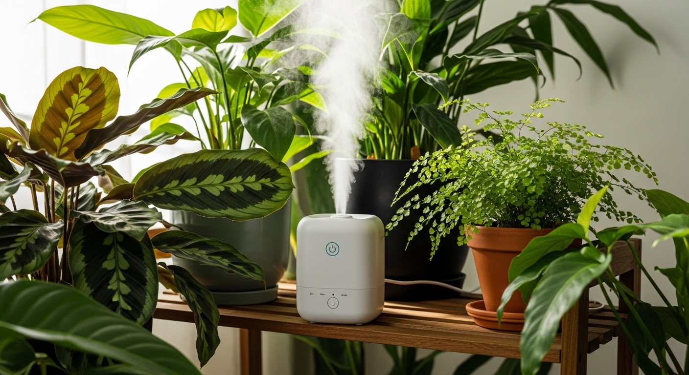 Cool-mist humidifier surrounded by tropical houseplants on a shelf