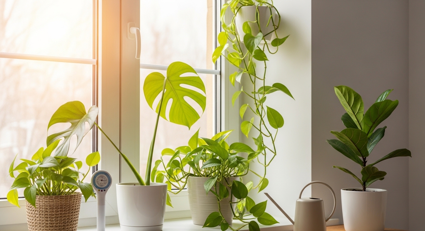 Healthy houseplants showing new growth near a bright late-winter window