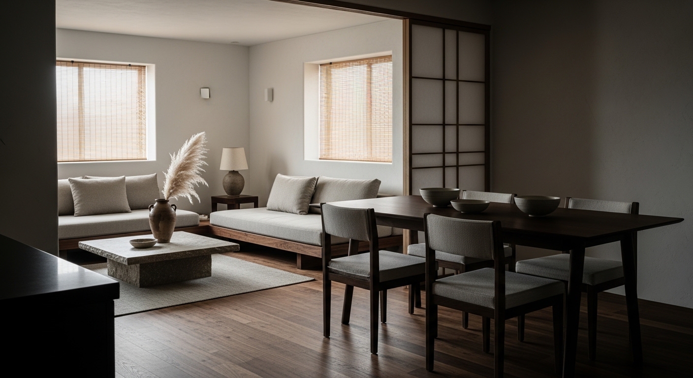 Japandi open-plan living and dining room with dark walnut and linen tones