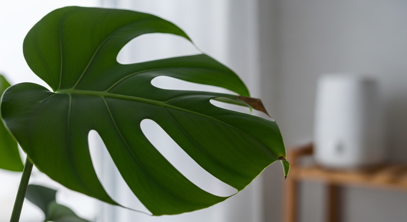 Monstera leaf with dry tips showing early winter humidity stress