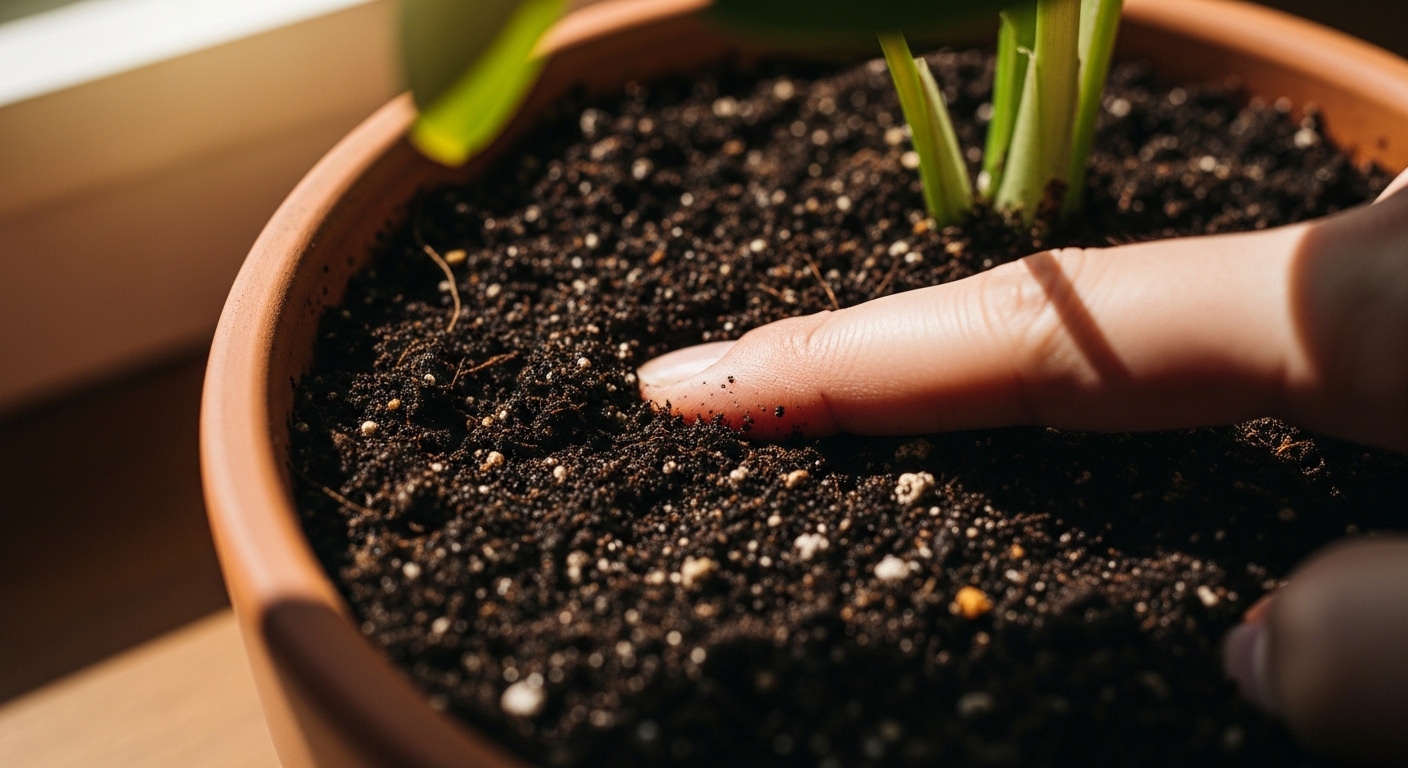 Finger pressing into moist potting soil to check moisture level
