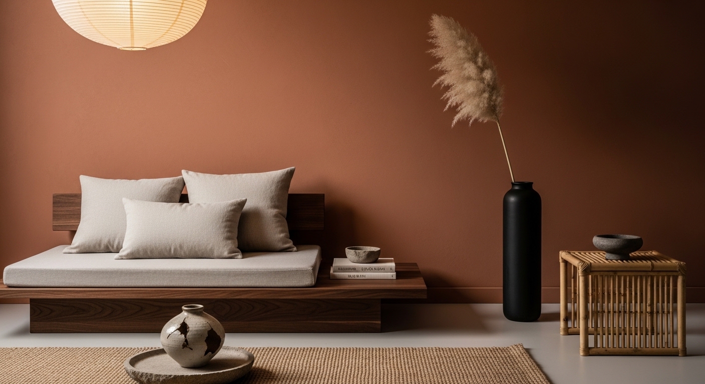 Japandi warm clay living room with walnut furniture and raw ceramics