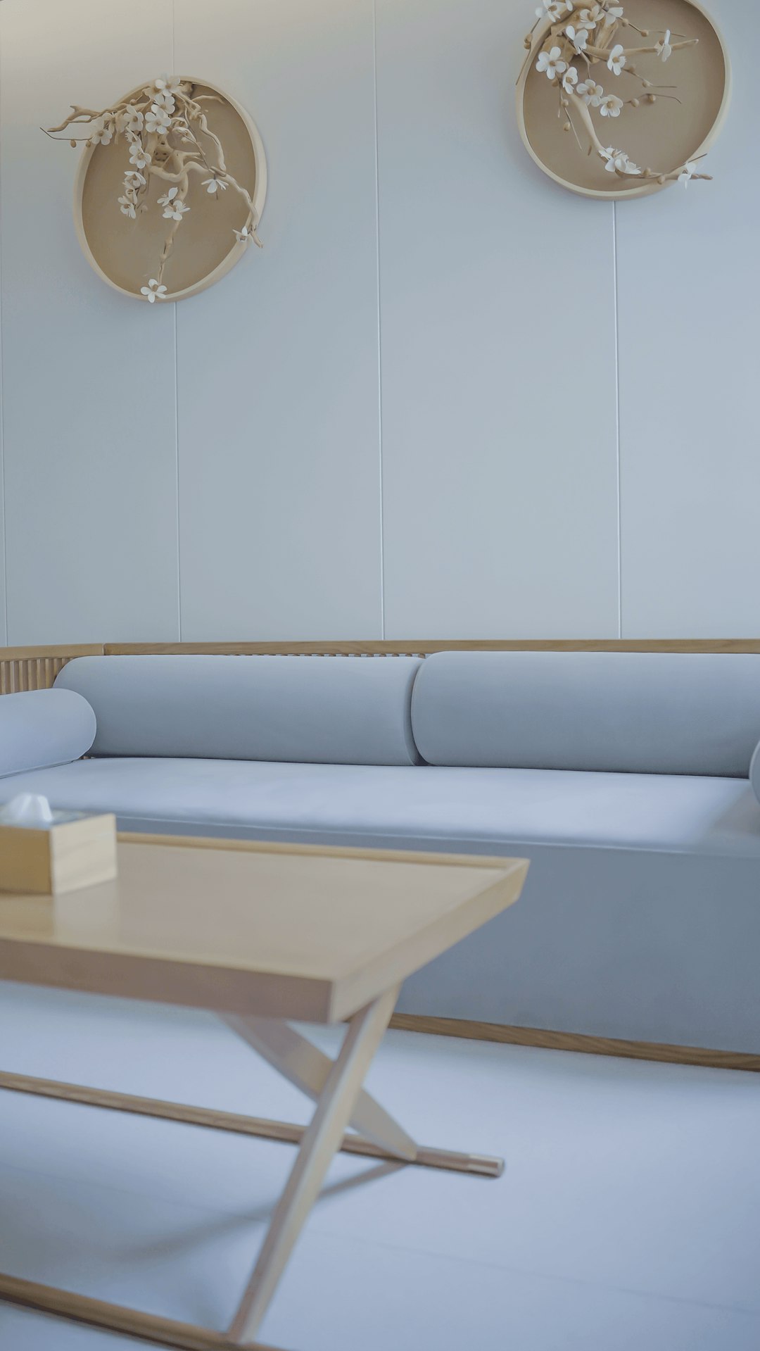 Serene Japandi living room with linen sofa and oak coffee table