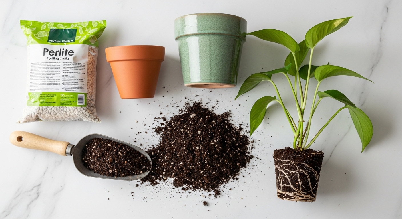 Repotting supplies including pots, perlite, and pothos root ball.