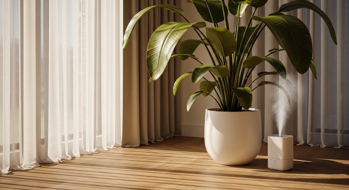 Bird of paradise near filtered window light with ultrasonic humidifier beside it