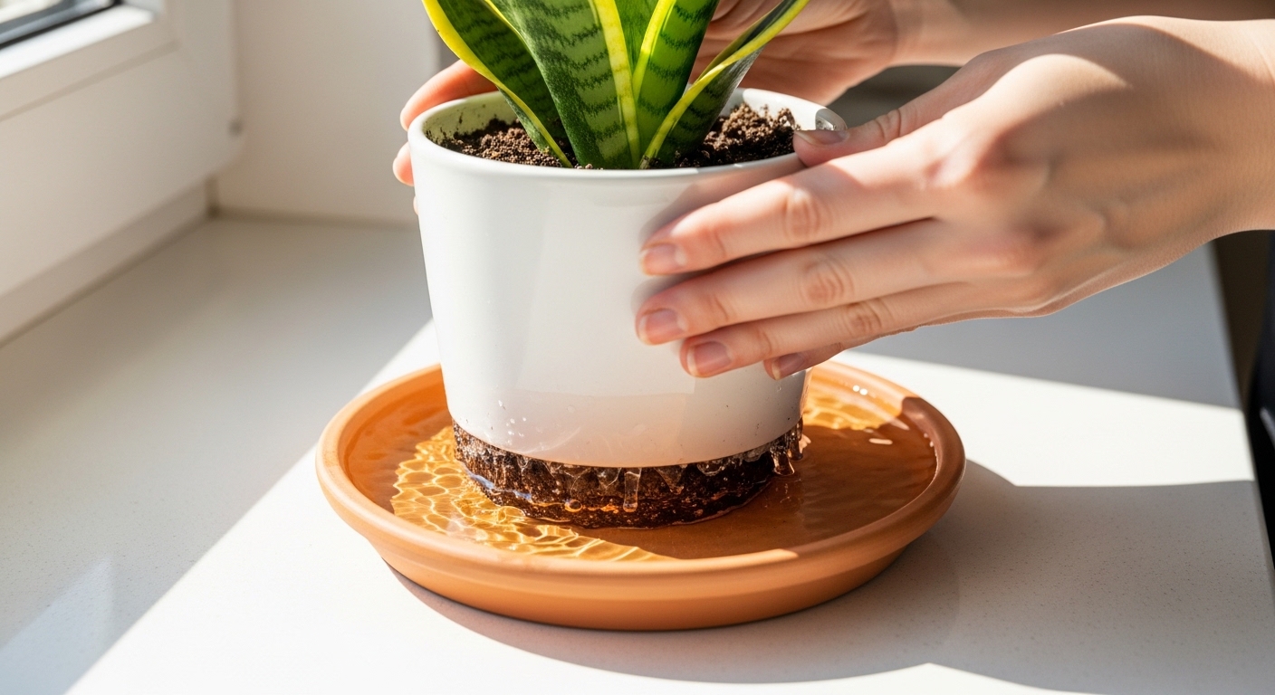 Hands bottom-watering a snake plant in white ceramic pot.
