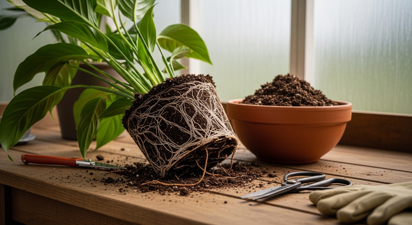 Peace lily with root rot being repotted on wooden bench.