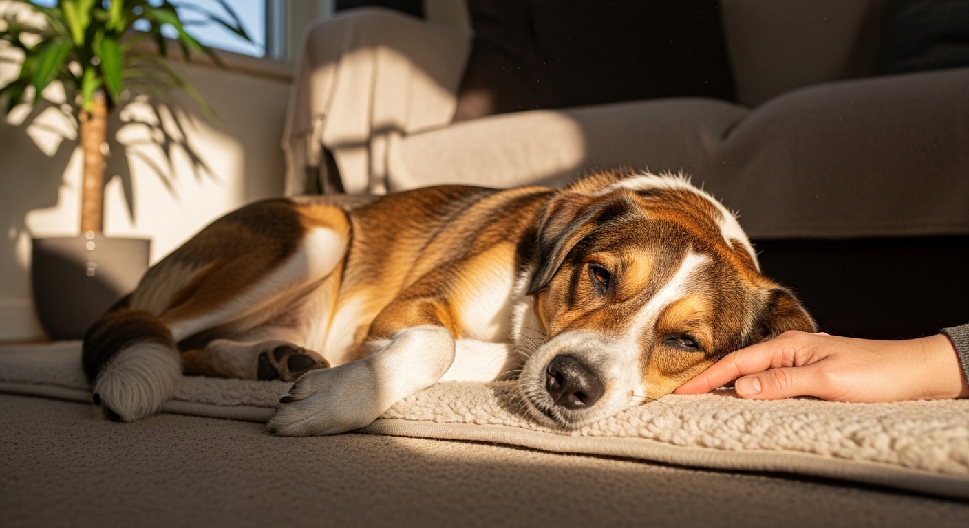 rescue dog relaxing on mat in sunlit living room