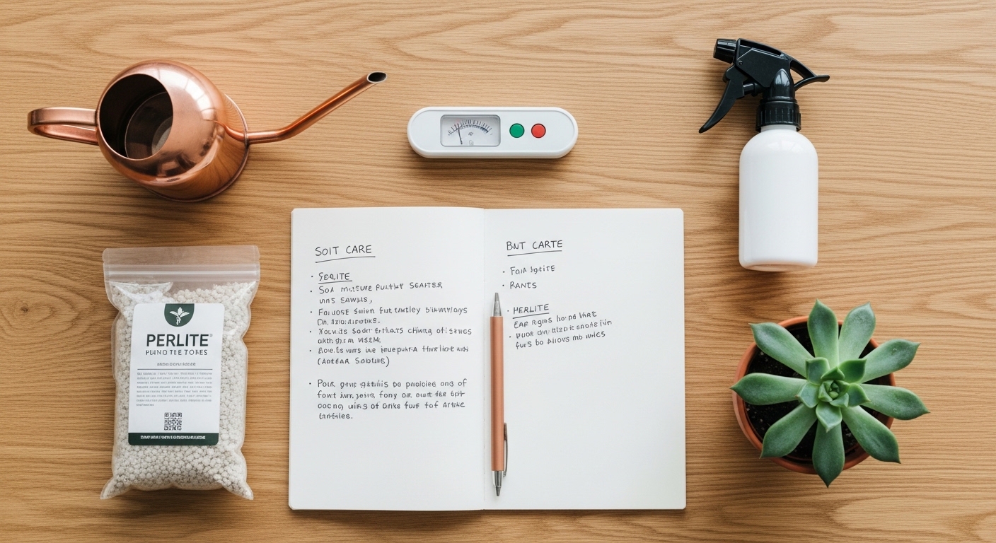 Plant care toolkit flat-lay with watering can, moisture meter, and succulent