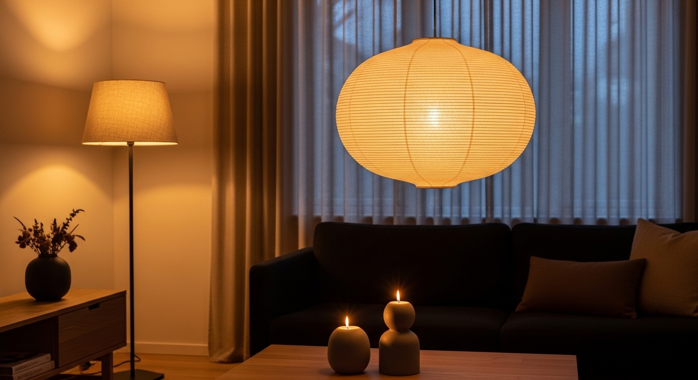 Japandi living room with warm layered lighting at dusk