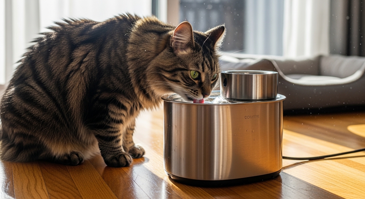 cat drinking from a stainless steel pet water fountain indoors
