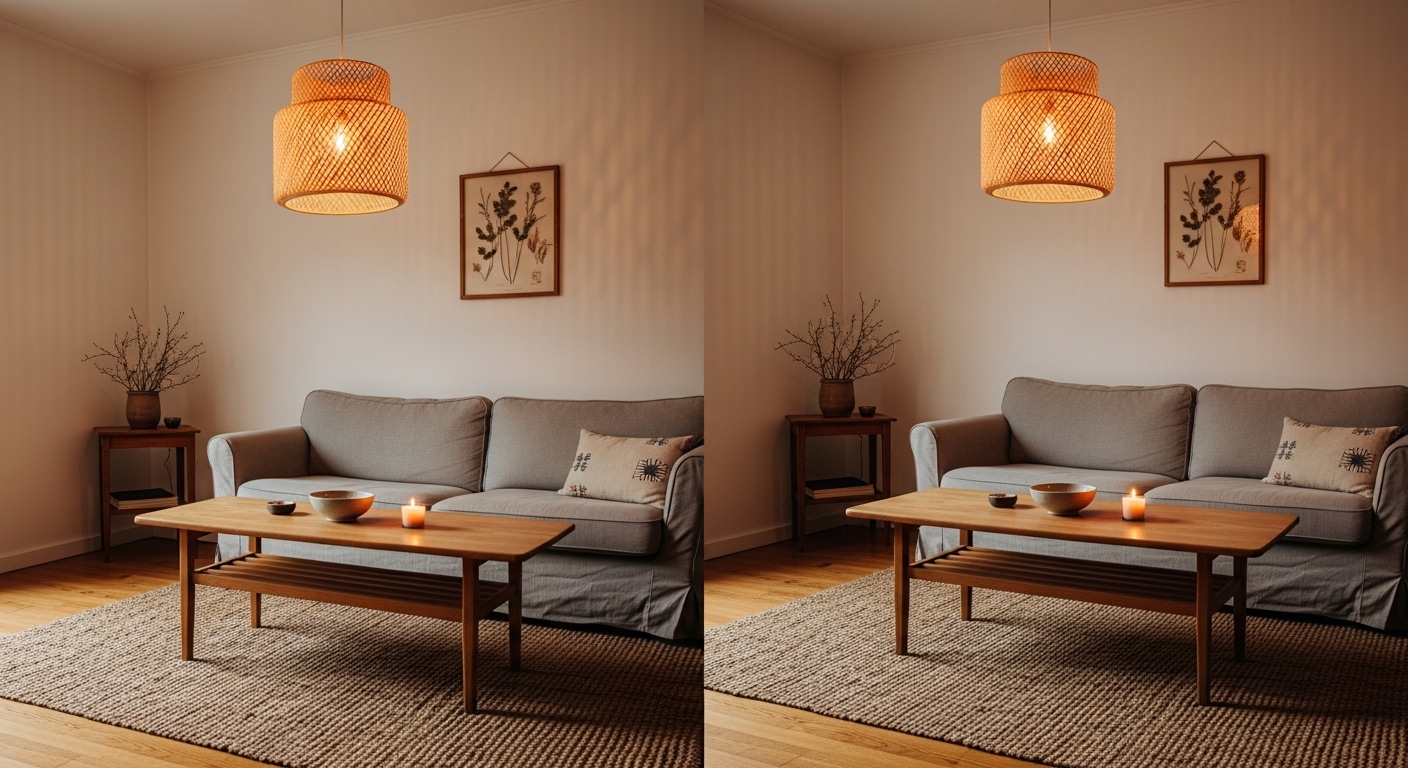 Budget Japandi living room with thrifted oak table and rattan pendant