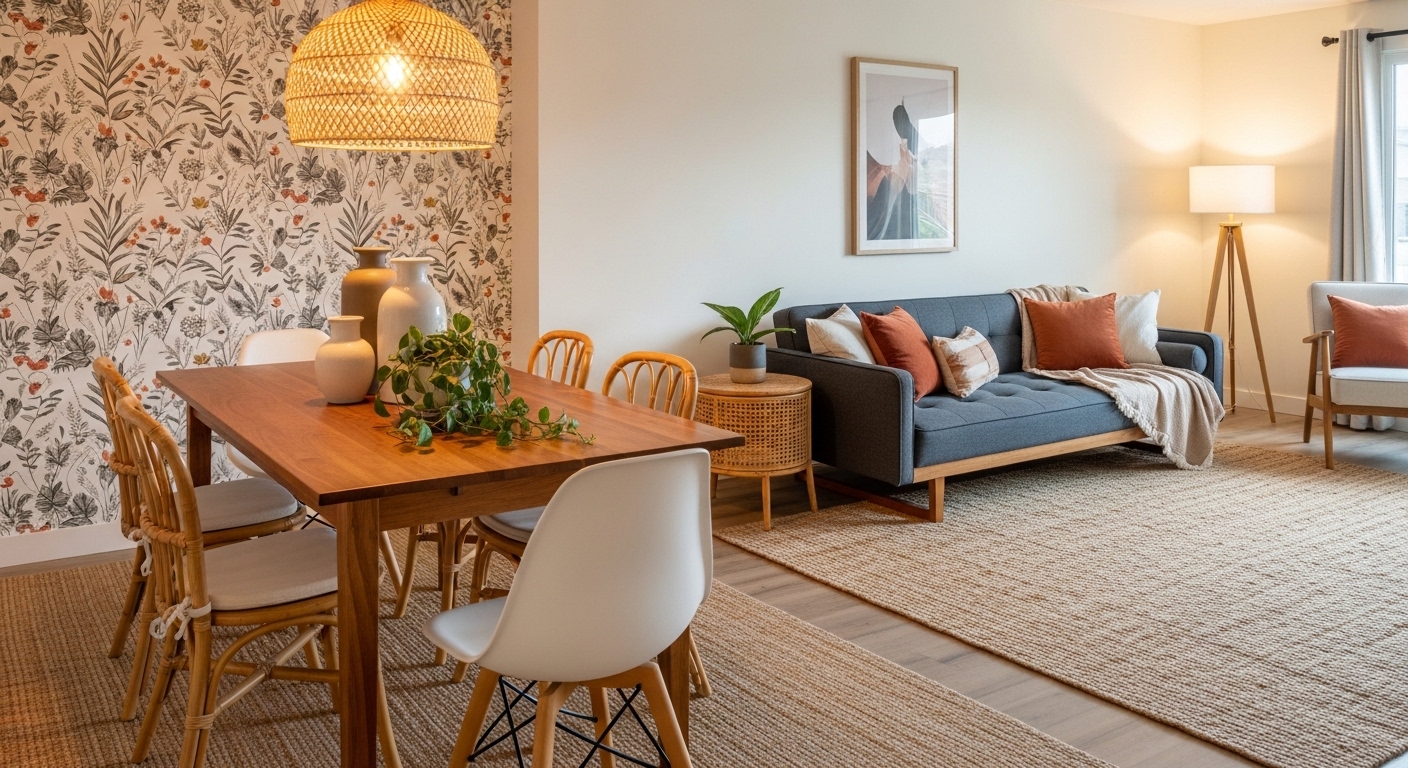 Budget-friendly open-plan living and dining room styled with thrifted and affordable decor