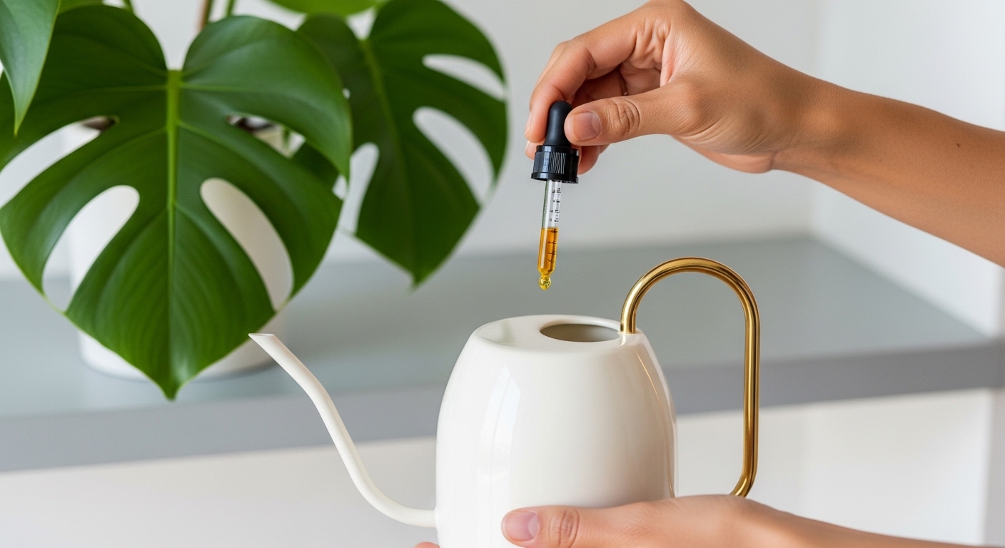 Hands diluting liquid fertilizer into watering can near monstera plant