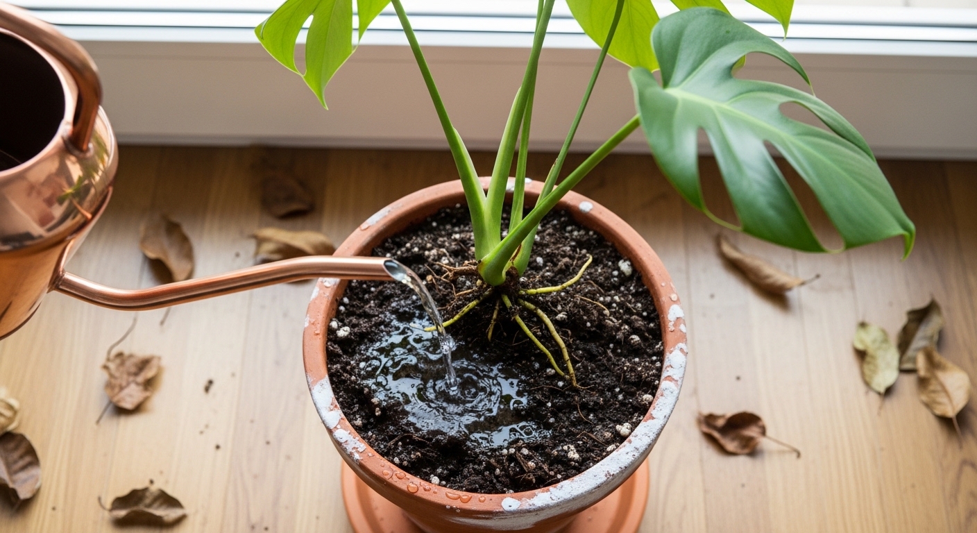 Monstera being watered in terracotta pot with visible root crowding.