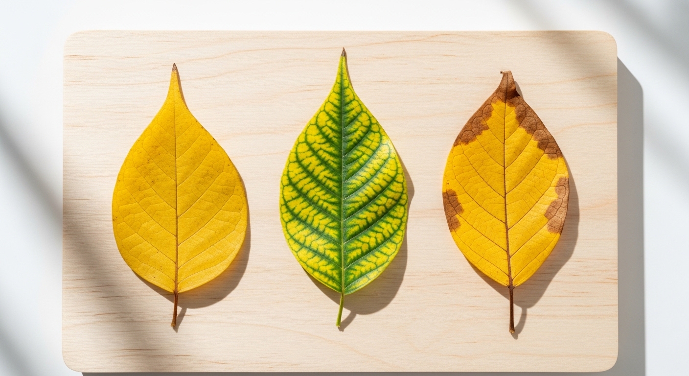 Three plant leaves showing different yellowing patterns side by side.