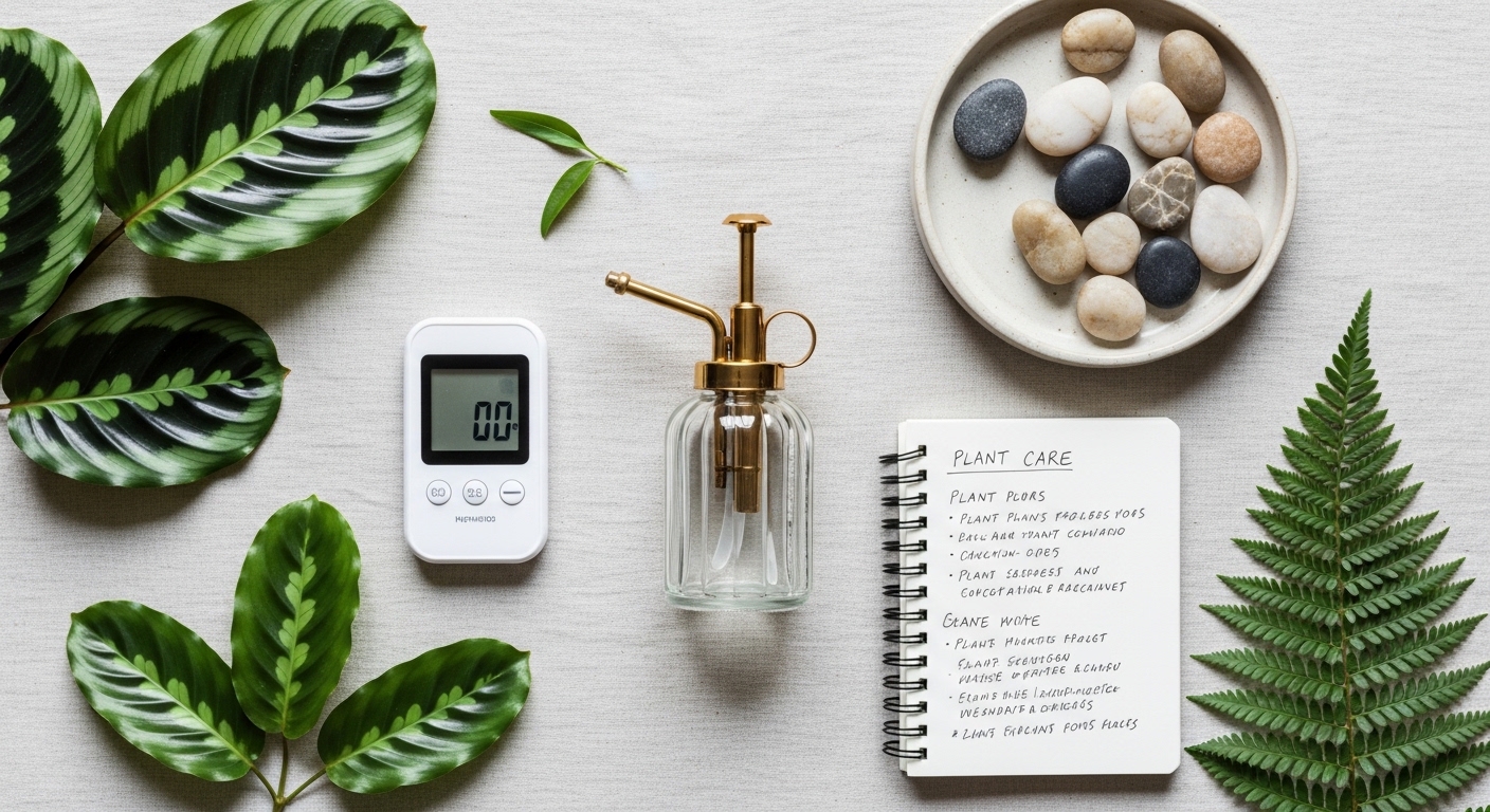 Plant care toolkit flat-lay with hygrometer, mister, pebble tray, and notebook