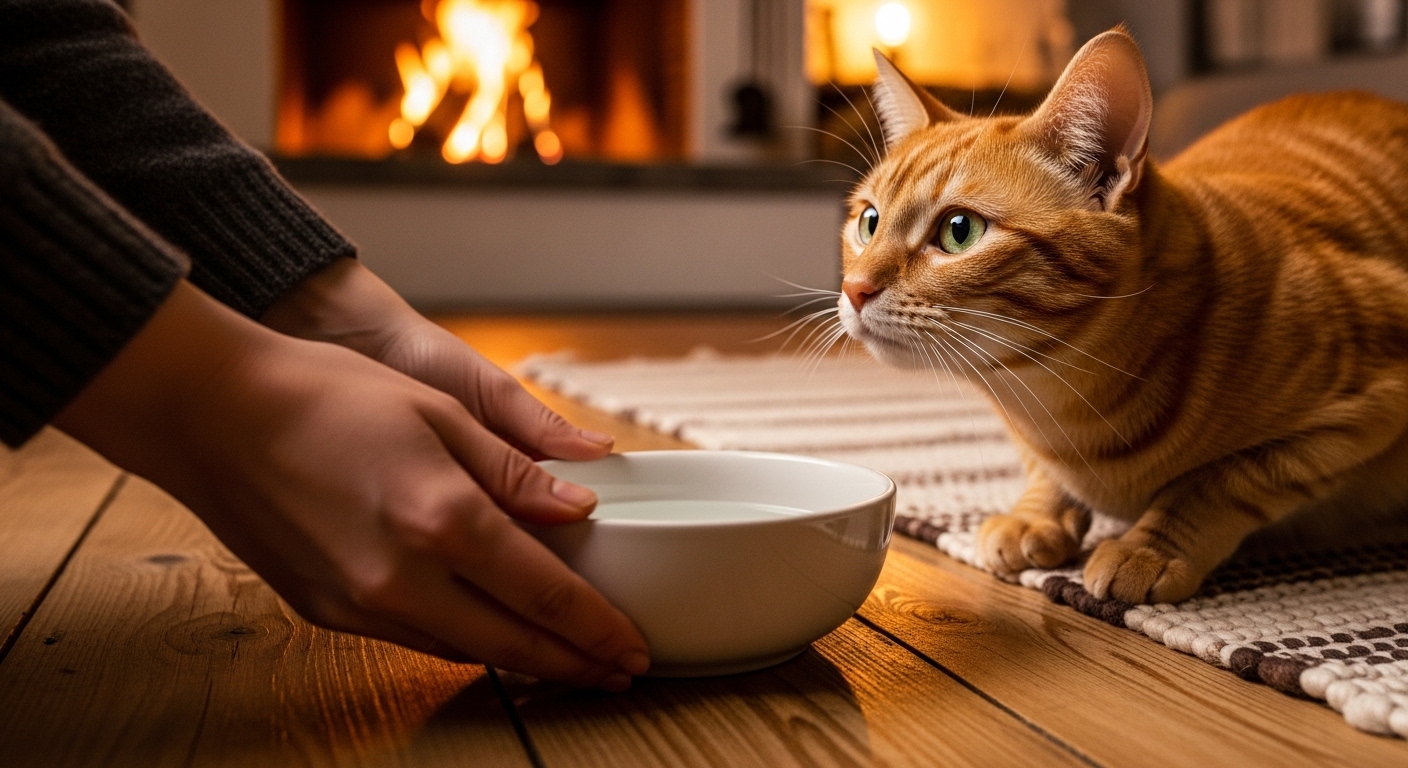 person placing a clean water bowl for an orange cat by a fireplace