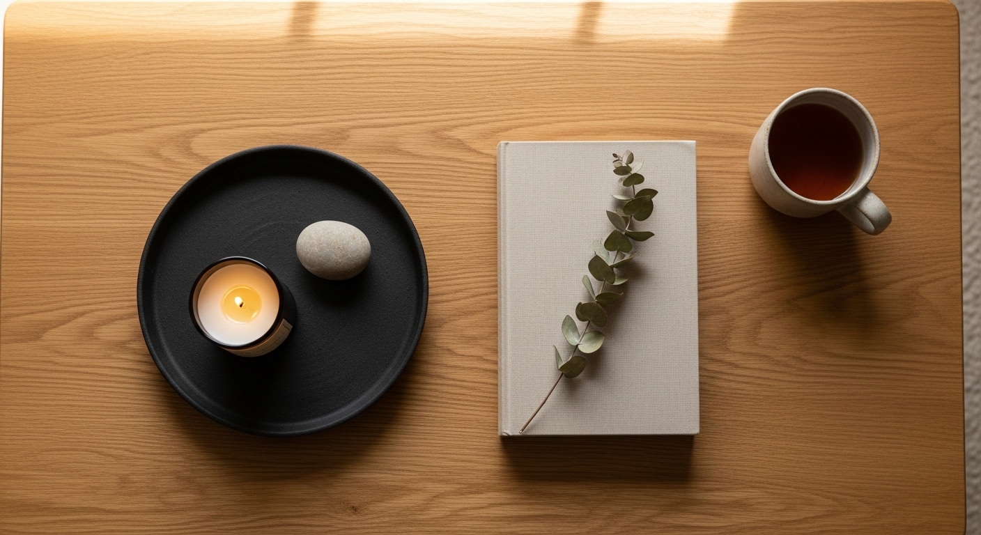 Japandi coffee table flat lay with ceramic tray and dried eucalyptus