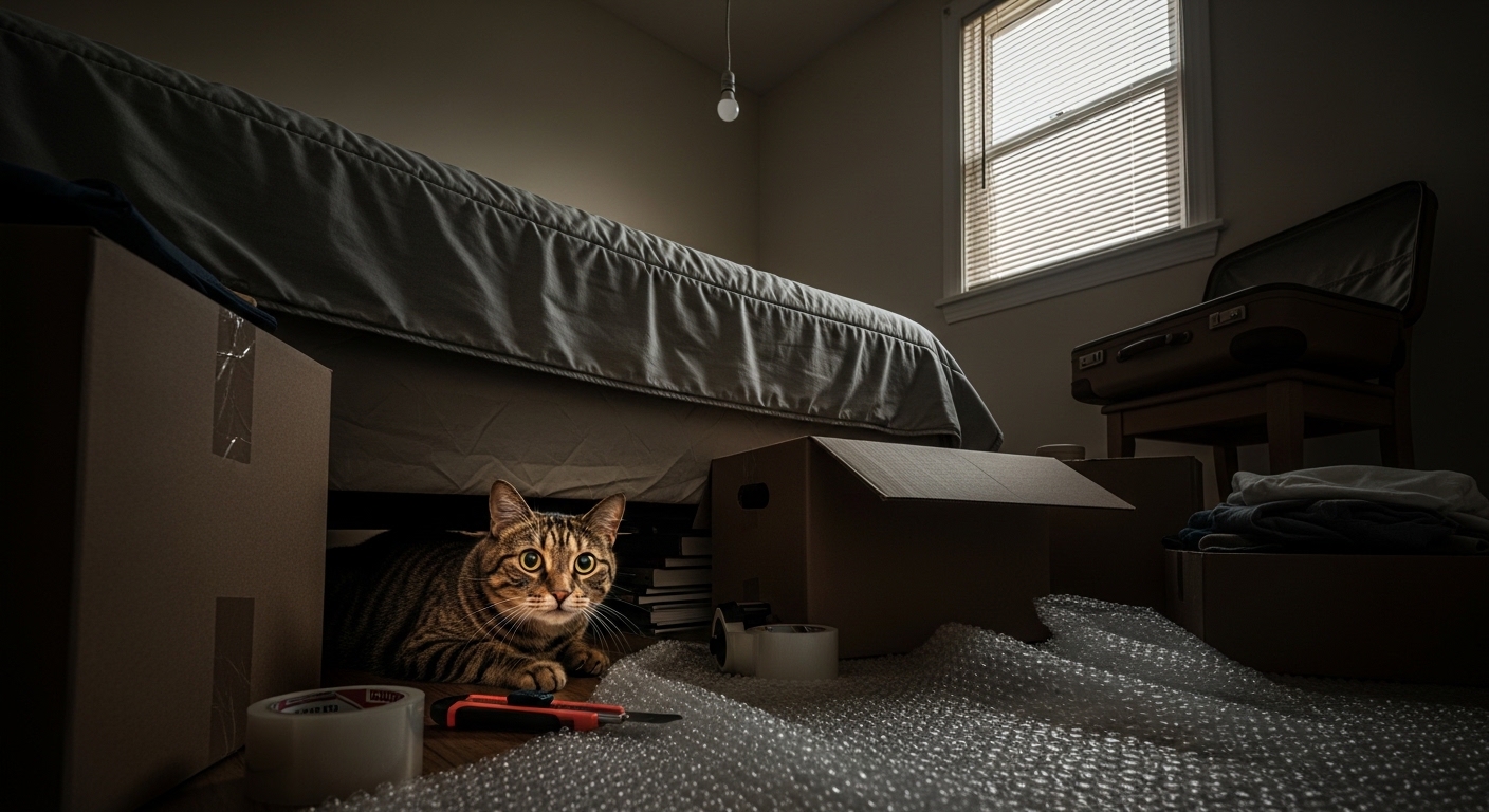 stressed cat hiding under bed amid packing boxes