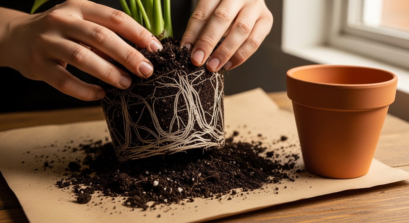 Hands gently loosening root ball before repotting into terracotta pot.