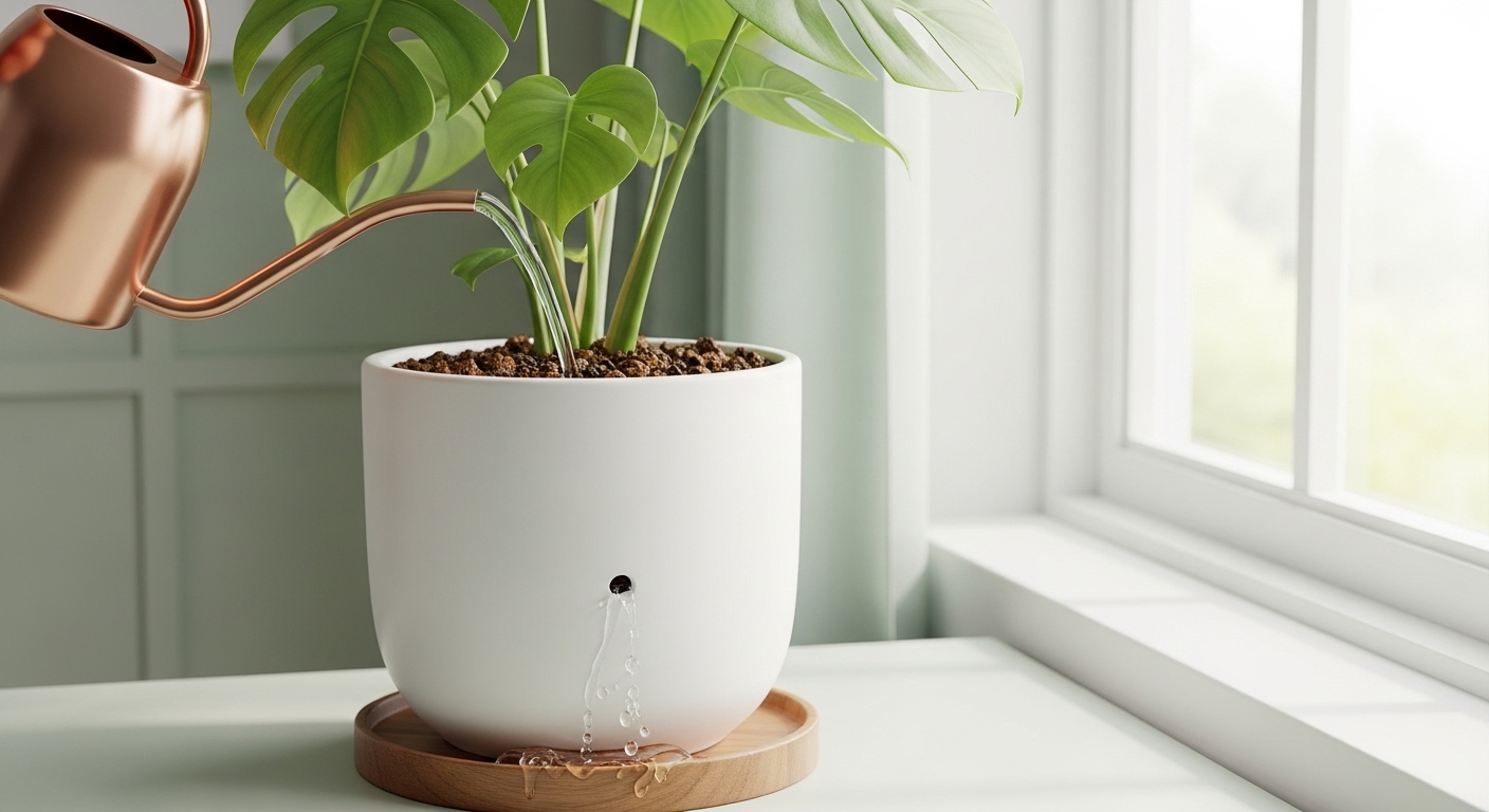 Watering a Monstera in a white ceramic pot with drainage hole visible