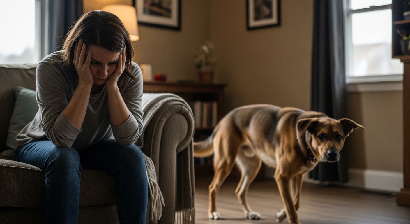 person sitting on couch while rescue dog paces anxiously